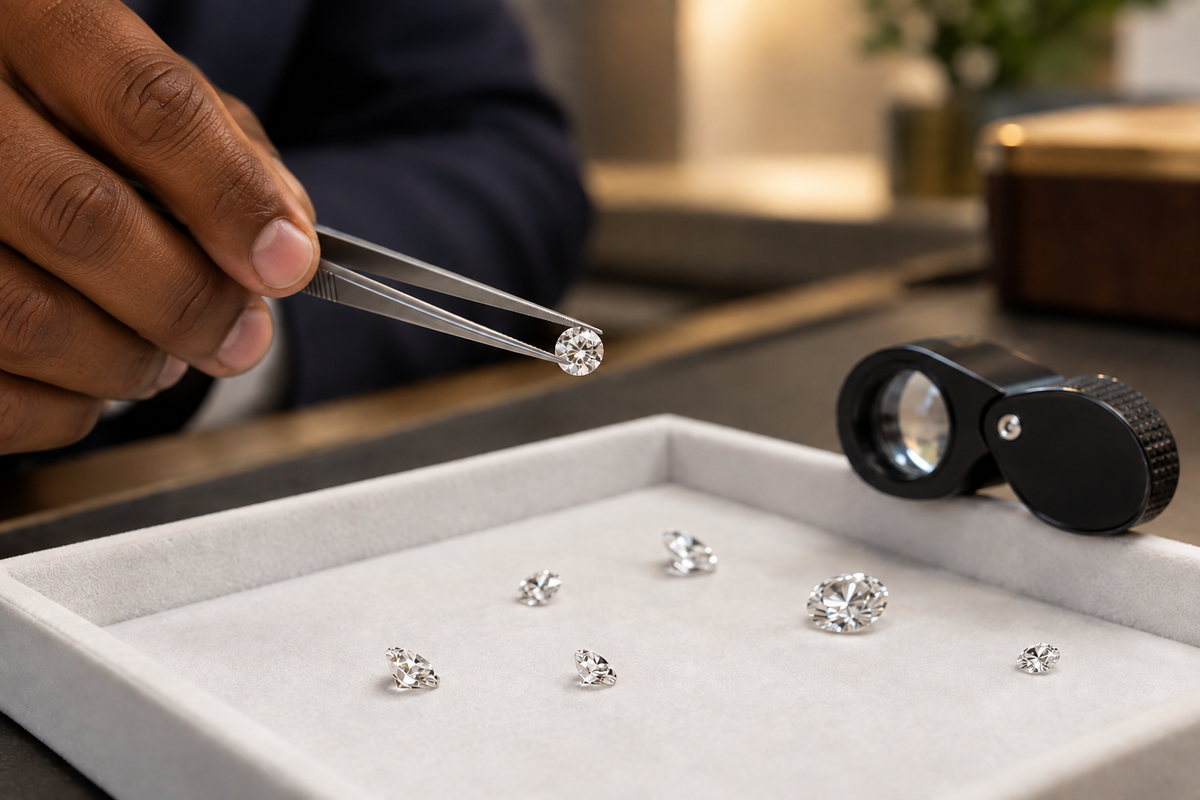 Diamond sourcing with brown hands inspecting a loose diamond