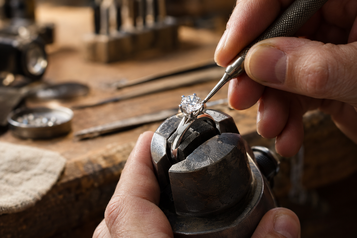 Realistic close-up of a jeweller setting a diamond ring
