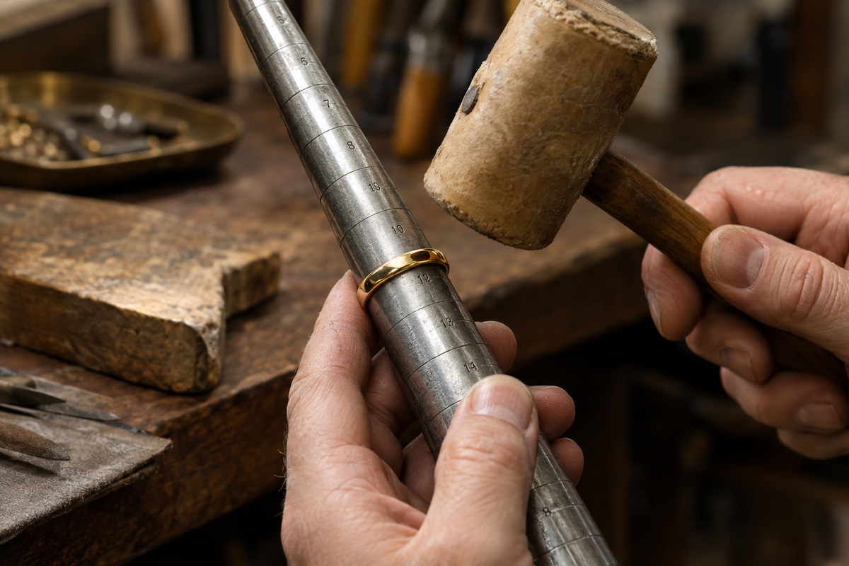 Realistic close-up of ring resizing at a jeweller’s bench